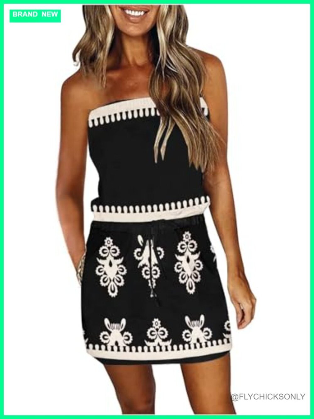 Strapless Boho Mini Sundress with Pockets Drawstring Waist